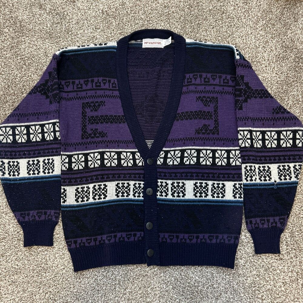 McGregor Vintage Purple Multicolor Geometric Knit Cardigan Sweater Size Large